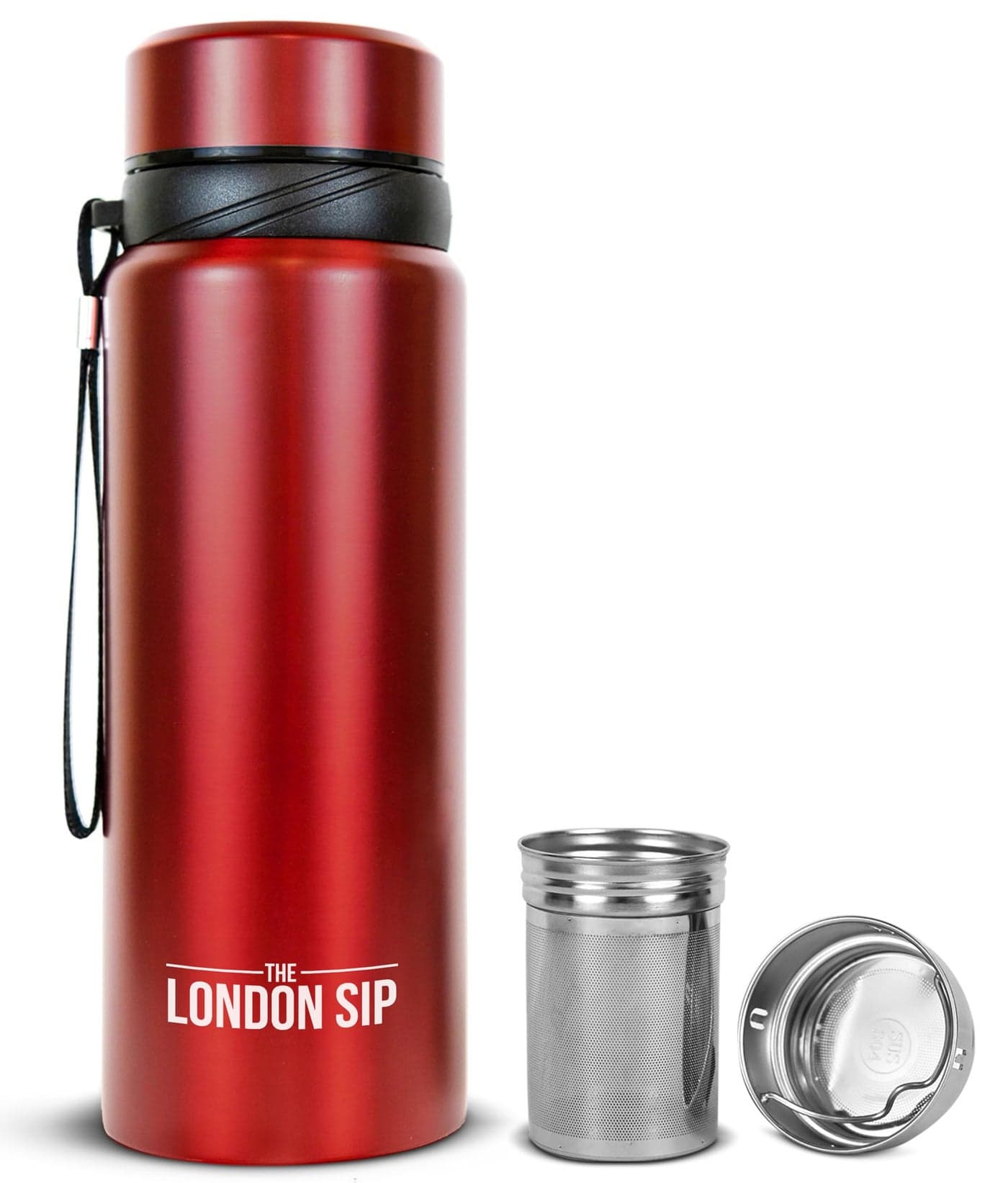 London Sip 25 oz MultiFunction Travel Mug and Tumbler Tea Infuser Water Bottle Fruit Infuser Flask Hot and Cold Double Wall Stainless Steel Coffee Thermos Sacred Red