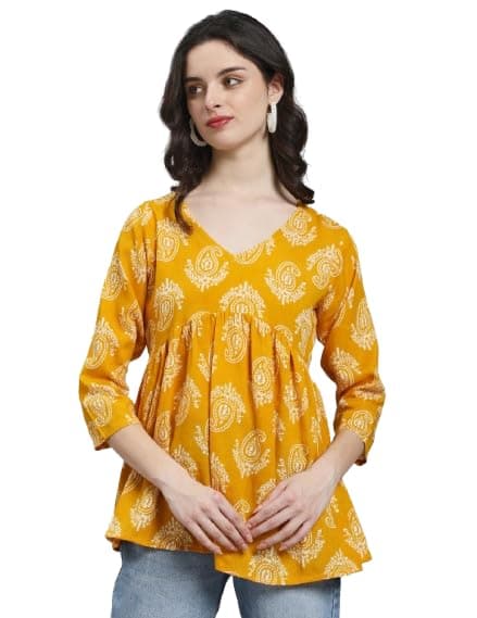 Rayon Short Kurti for Women and Girl | Short Anarkali Kurti | Short Kurti for Women | V-Neck Kurti (in, Alpha, L, Regular, Yellow)