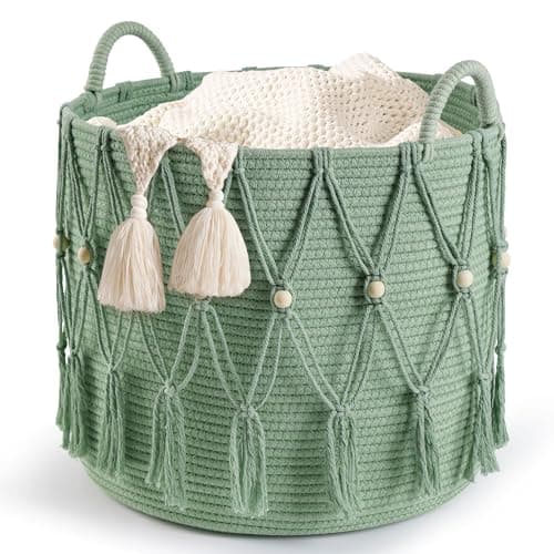 Blanket Basket for Living Room Decor Storage Basket for Toy Organizer Boho Decor Baskets for Modern Farmhouse Decor Small Laundry Basket for Bedroom and Laundry Room Organization,Green