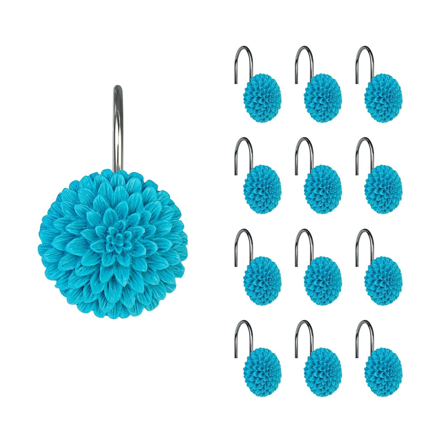 Sunlit Decorative Floral Shower Curtain Hooks Turquoise Dahlia Pinnata Flower Shower Curtain Rings Resin Bathroom Decoration Blue Shower Curtain Hooks12 Pack