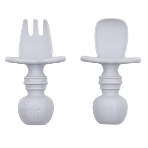 Bumkins Baby Utensils Set, Chewtensils Silicone Spoons for Dipping, Self-Feeding, Baby Led Weaning, Trainer Learning, First Stage Eating, Soft Practice Fork and Spoon, Babies 6 Months, Gray