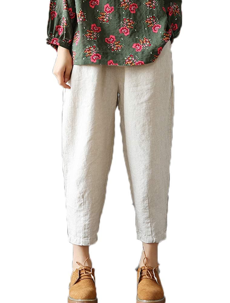 LaovanIn Women's Linen Cropped Pants Tapered Ankle Capris Trousers Elastic Waist Medium Beige