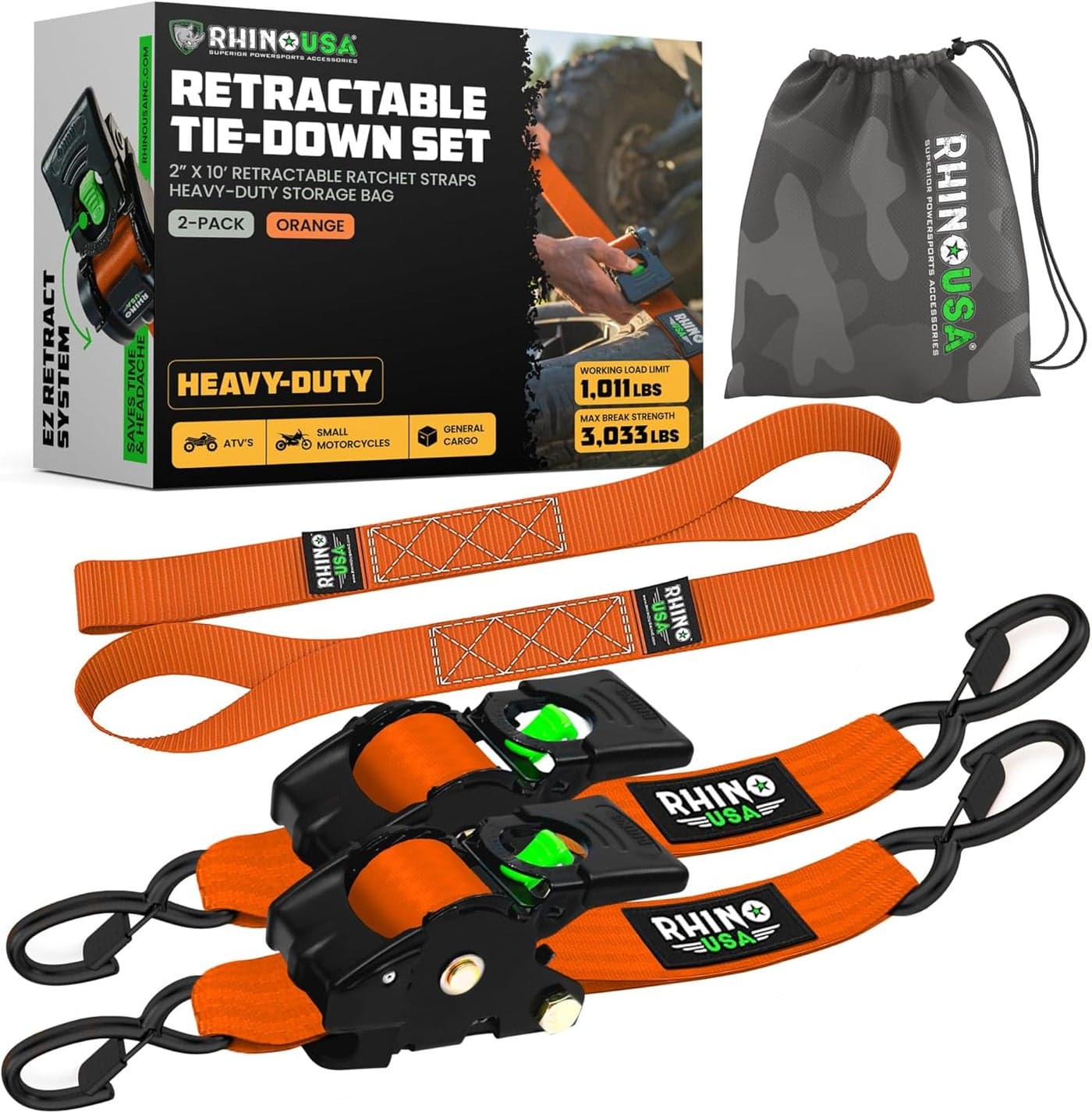 Rhino USA Heavy Duty Retractable Ratchet Tie Down Straps Set - 2" x 10' (3033 lb Break Strength) - Orange