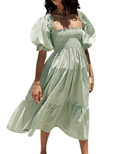 R.Vivimos Women's Summer Cotton Plaid Puff Sleeves Bow Casual Off-Shoulder Boho Midi Dress (Small,Green)