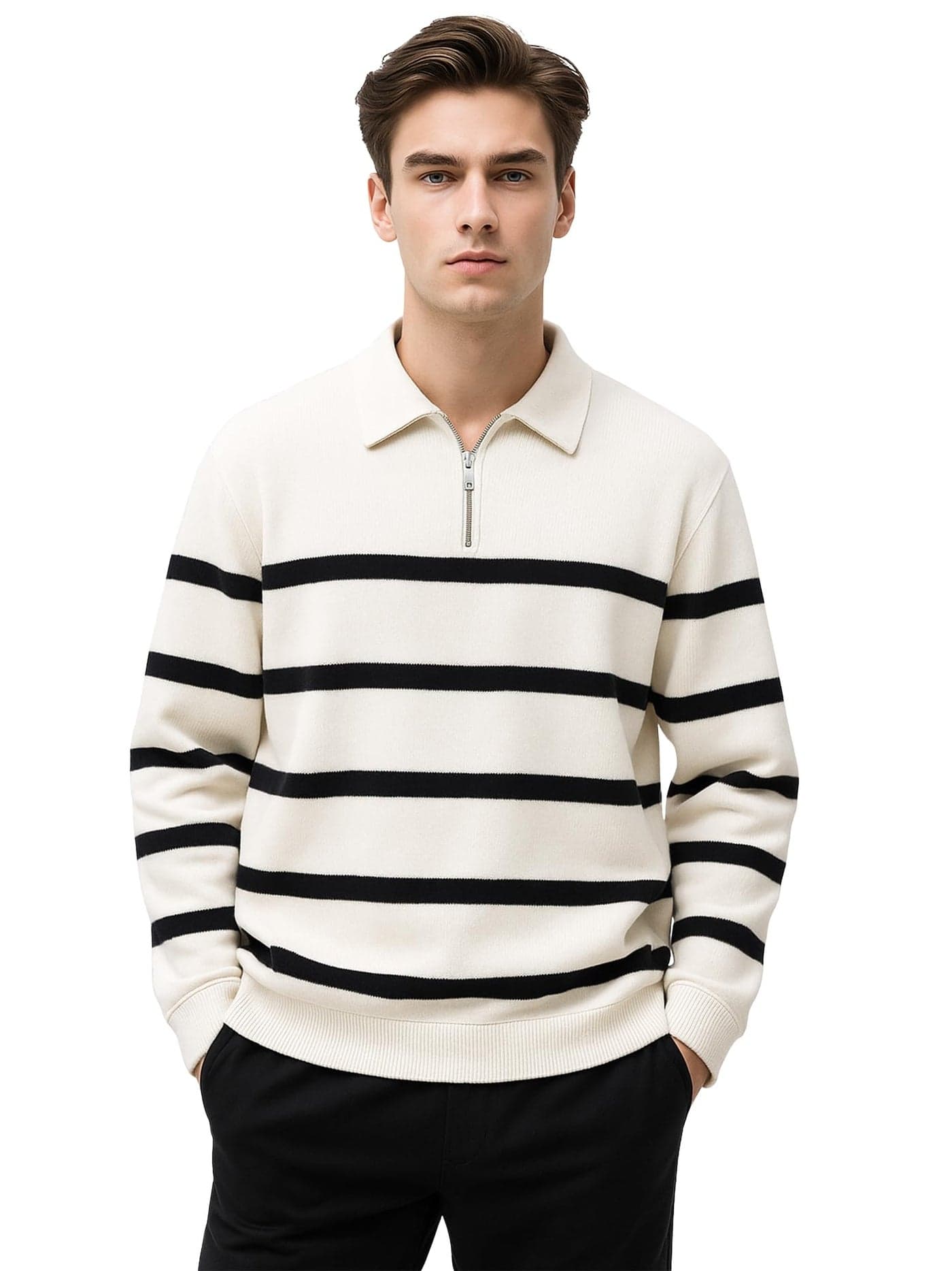 Maniac Mens Stripes Full Sleeve Half Zipper Regular Fit White and Black Cotton Polo T-Shirt