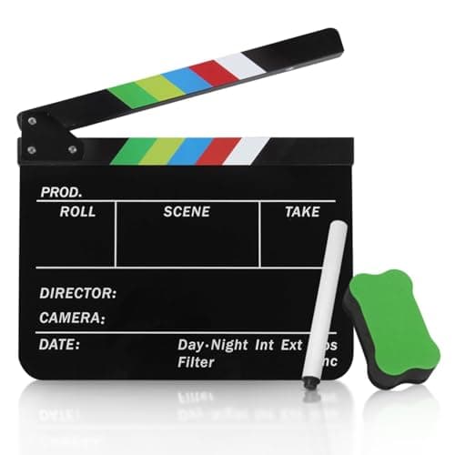 Flexzion Directors Film Clapper Board Film Slate, Acrylic Plastic Dry Erase Movie Clapboard for Studio Camera Theater Props TV Video Film Cut Action Scene Slate Board 10x12 with Color Sticks