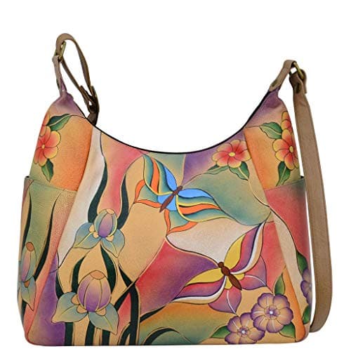 Anna by Anuschka Hand Painted Leather Women's Large Multi Pocket Hobo - Denim Paisley Floral