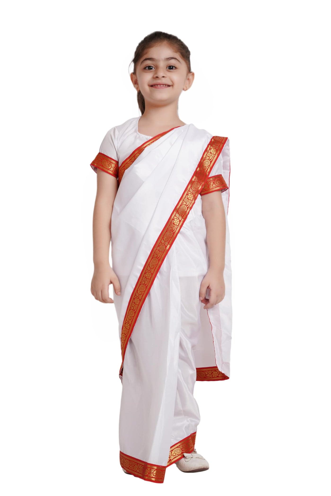 Kaku Fancy Dresses Polyester Indian State Bengali Dance White Saree Farmer Costume for Kids -White & Red, 10-12 Years, For Girls