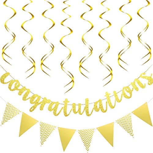 Outus Pre-strung Glitter Congratulations Banner Triangle Flag Banner with 12 Pieces Hanging Swirls for Wedding Retirement Graduation Anniversary Party Decorations(Gold)
