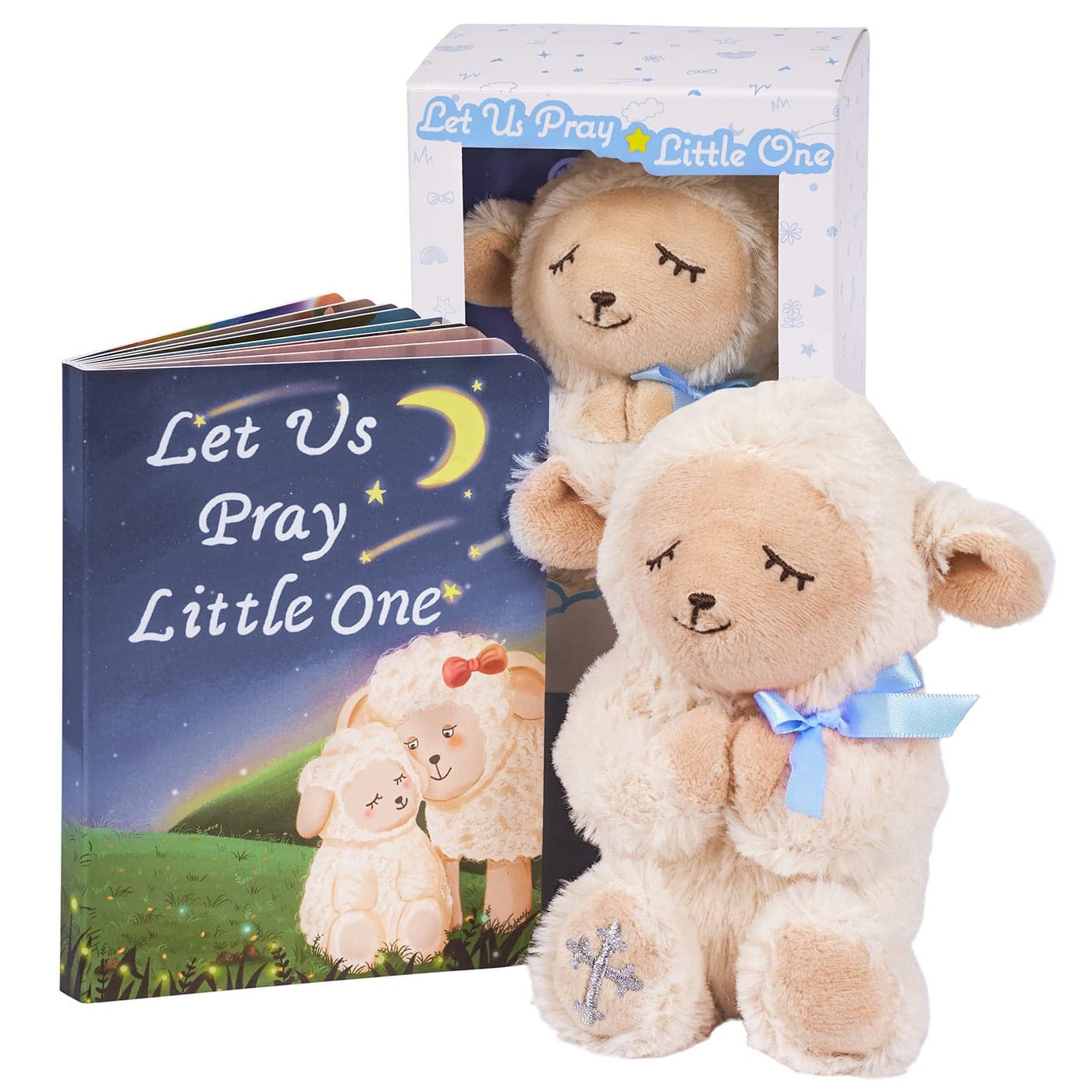 MyMateZoe Baptism Gifts for Boys Great Christening Dedication and Baptism Gift Set for Boys and Newborn Baby Includes 7 Praying Lamb Plush Toy and Let Us Pray Baby Book in Keepsake Gift Box