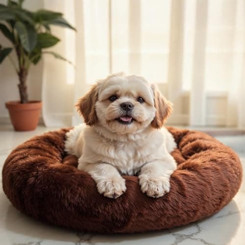 Wow Dog Calming Donut Bed for Small Dogs & Cats – 19"x19"x5" | Ultra-Soft Brown Faux Fur | Anti-Anxiety Pet Bed for Cozy Deep Sleep