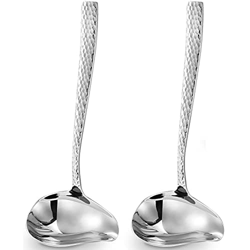 KEAWELL Louis Hammered 18/10 Stainless Steel Sauce Ladle With Pouring Spout, Great small sauce spoon for gravies and dressings, 7.4 Inch, Dishwasher Safe (2)