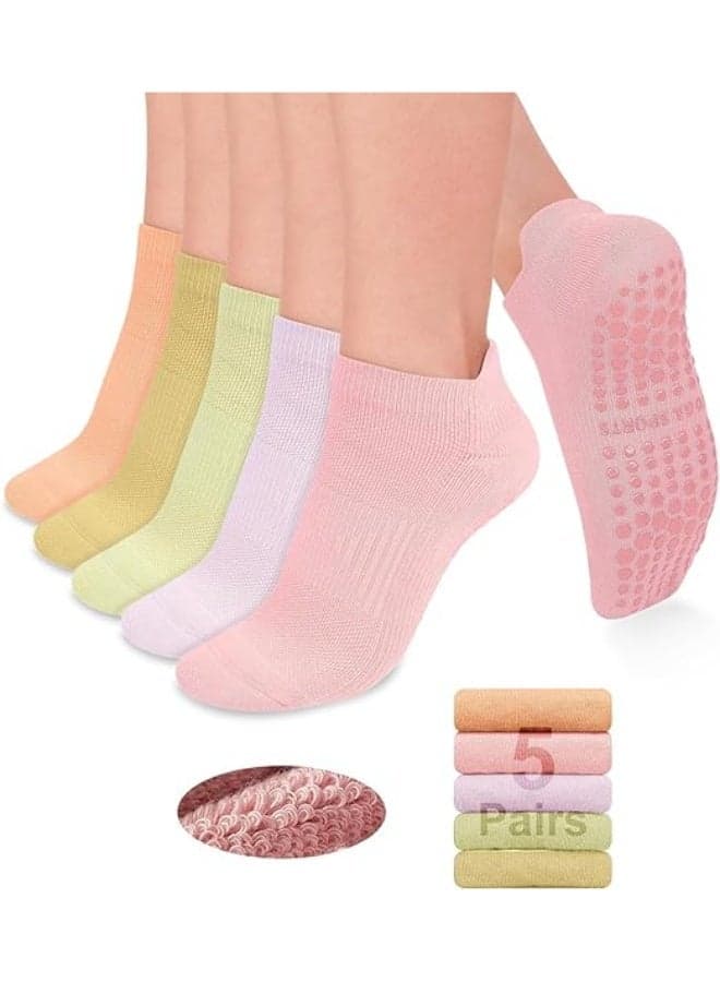 5 Pairs Women Grippy Socks, Non Slip Yoga Socks with Grips for Pilates Ballet Barre, Anti Skid Athletic Socks for Barefoot Workout