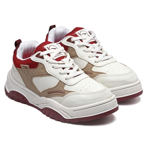 ASIAN Women Nancy-03 Sneakers And Casual Wear Shoes With Laces, Lightweight And Comfortable Shoes For Parties, As Well As Gym And Sports With Stylish Design, WHT BEIGE MEHROON, 8 UK