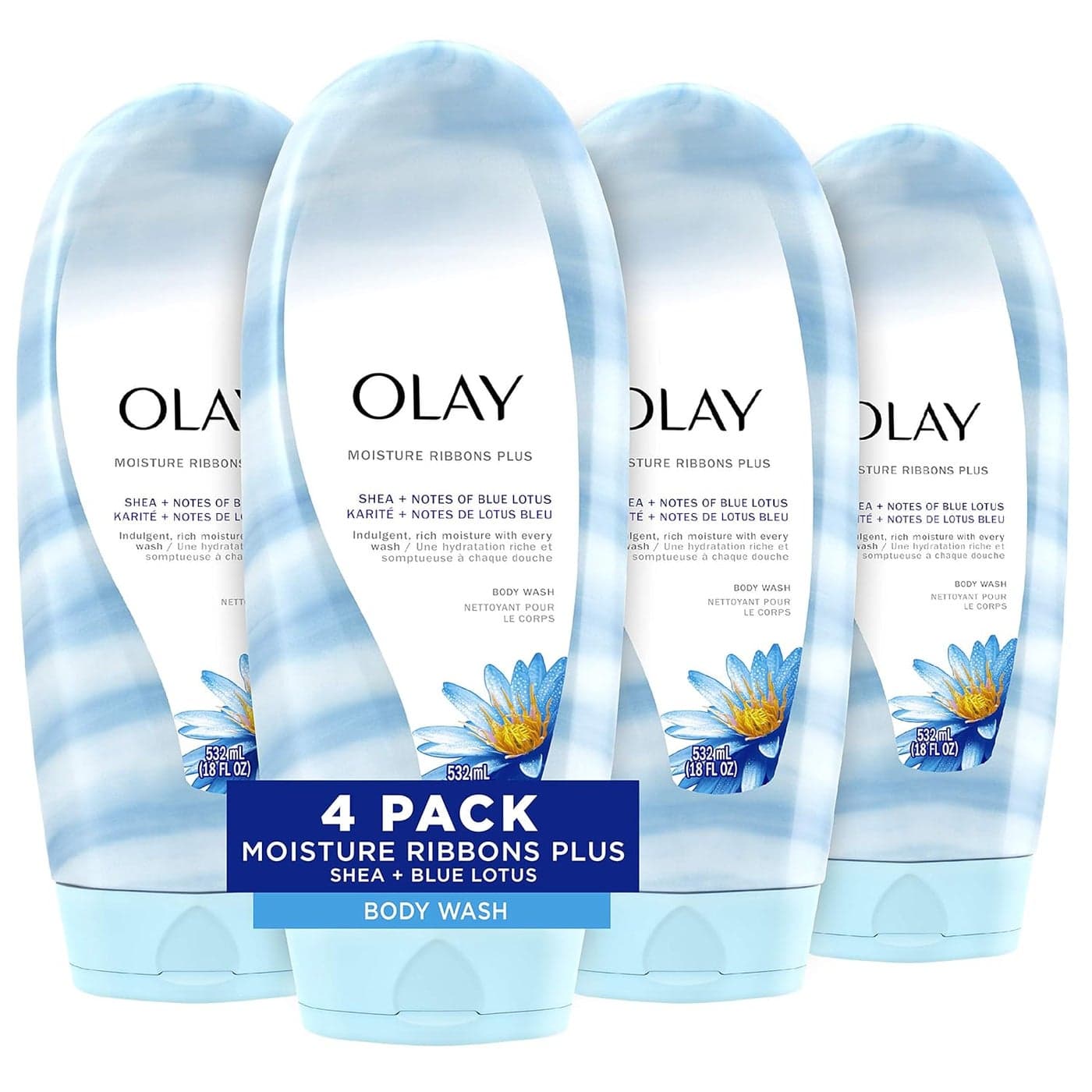 Olay Body Wash for Women Moisture Ribbons Plus Deep Conditioning Moisturizing Formula Long Lasting Smooth Soft Skin For All Skin Types Shea Butter Blue Lotus Scent 18 fl oz Pack of 4