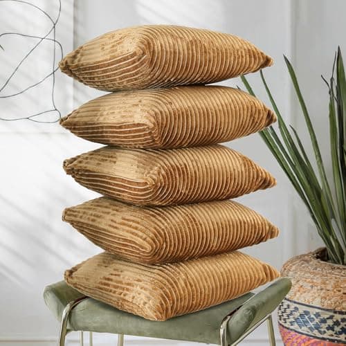 RD TREND® Cushion Cover Set of 5, Decorative Sofa Living Room Home Square Cushion Covers 16 Inch x 16 Inch, Aesthetic Corduroy Striped Double Sided (Mustard,Pack of 5)