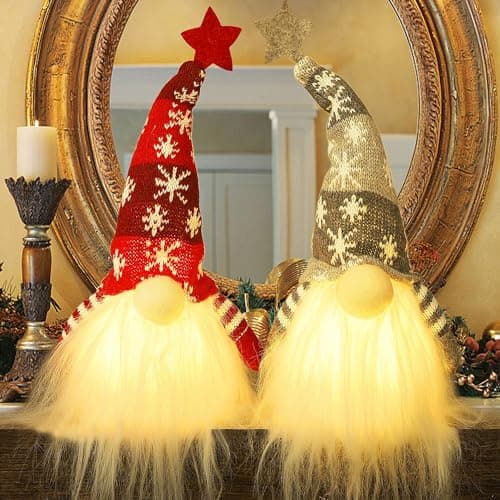Juegoal 15 Lighted Christmas Gnome Handmade Plush Scandinavian Swedish Tomte Light Up Elf Toy Holiday Present Battery Operated Winter Tabletop Christmas Decorations 2 Set