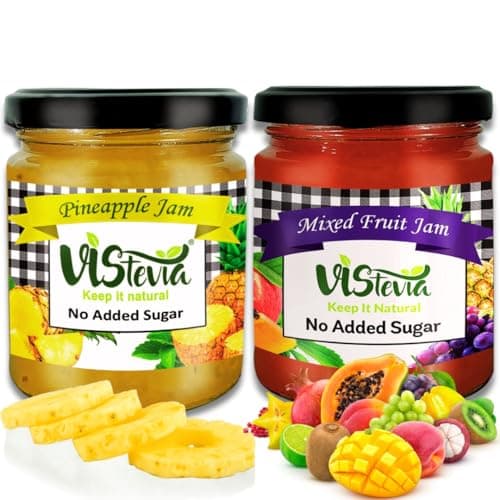 Vistevia's Sugar Free Mixed Fruit jam and Pineapple Jam, Diabetic and Keto Friendly - Sweetened Naturally with Stevia, More Than 60% Fruit Content - Tastes Delicious - Pack of 2 (220 * 2 GM)
