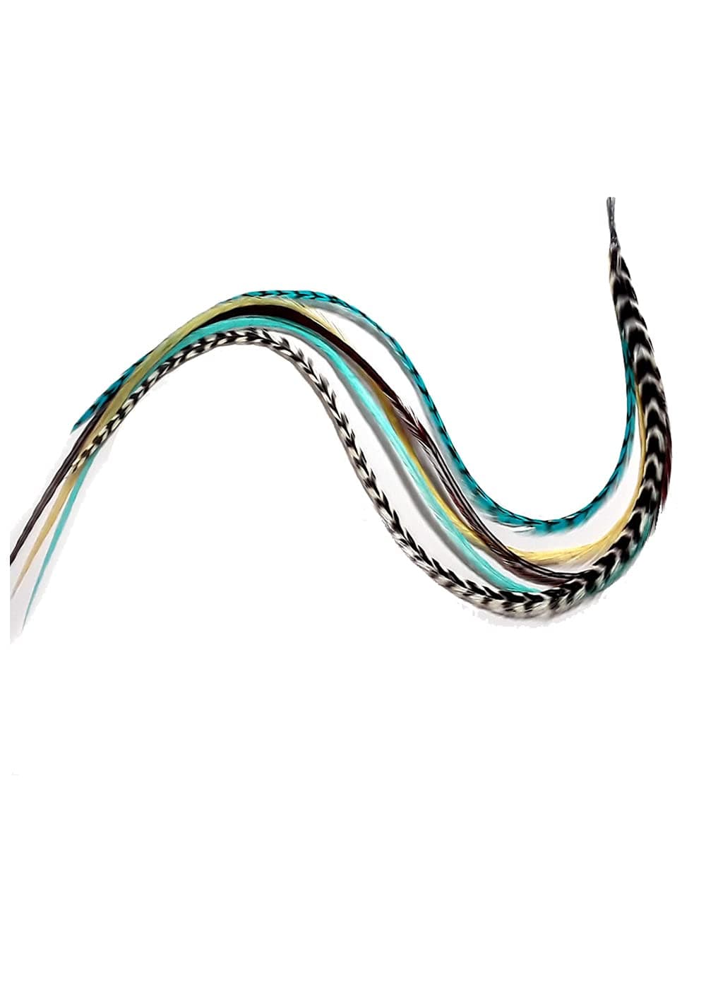 Feather Hair Extension Seven Real Turquoise Grizzly Brown Long Thin Feathers Ranging from 7 to 10 Inches One Extension