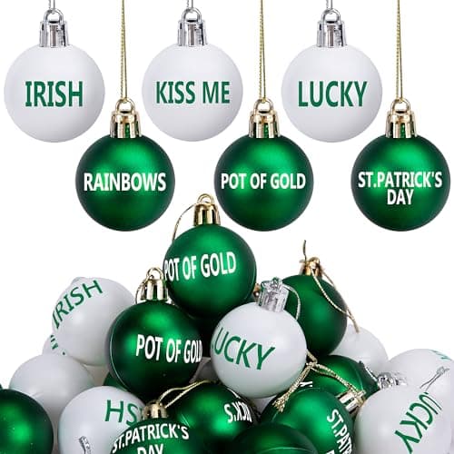 Watayo 24 Pcs St. Patrick's Day Hanging Ornaments - 1.6" Shatterproof Letter Balls - White Green Irish Lucky Tree Balls for St. Patrick's Day Irish Festival Decoration