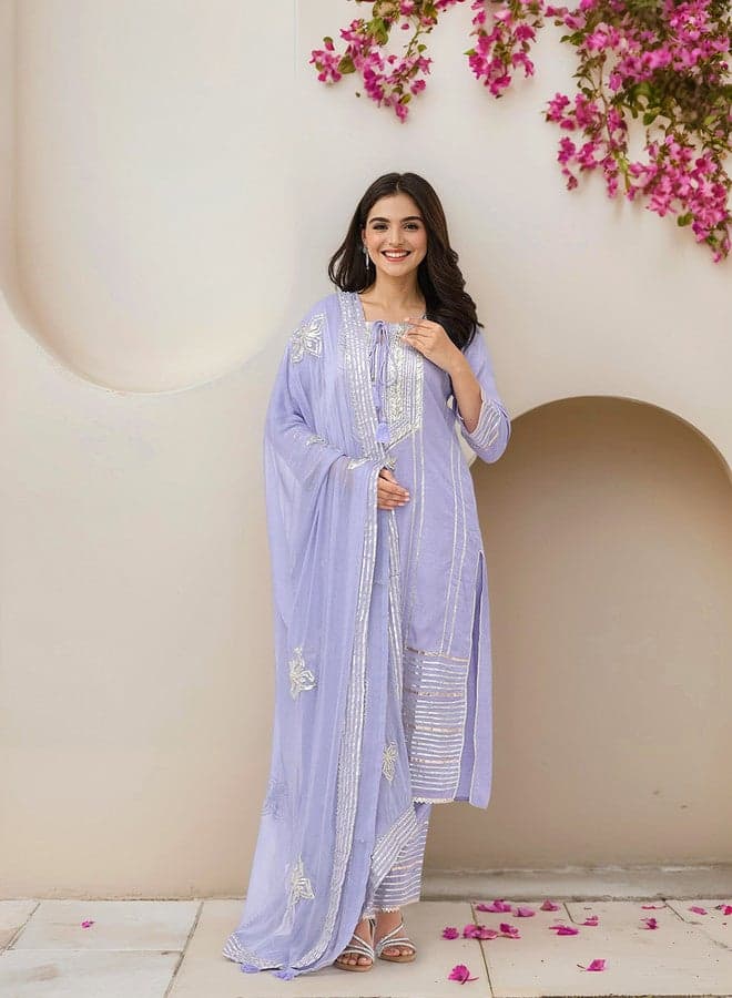 Ethnic Motifs Embroidered Pure Cotton Gotta Patti Kurta With Trousers & Dupatta