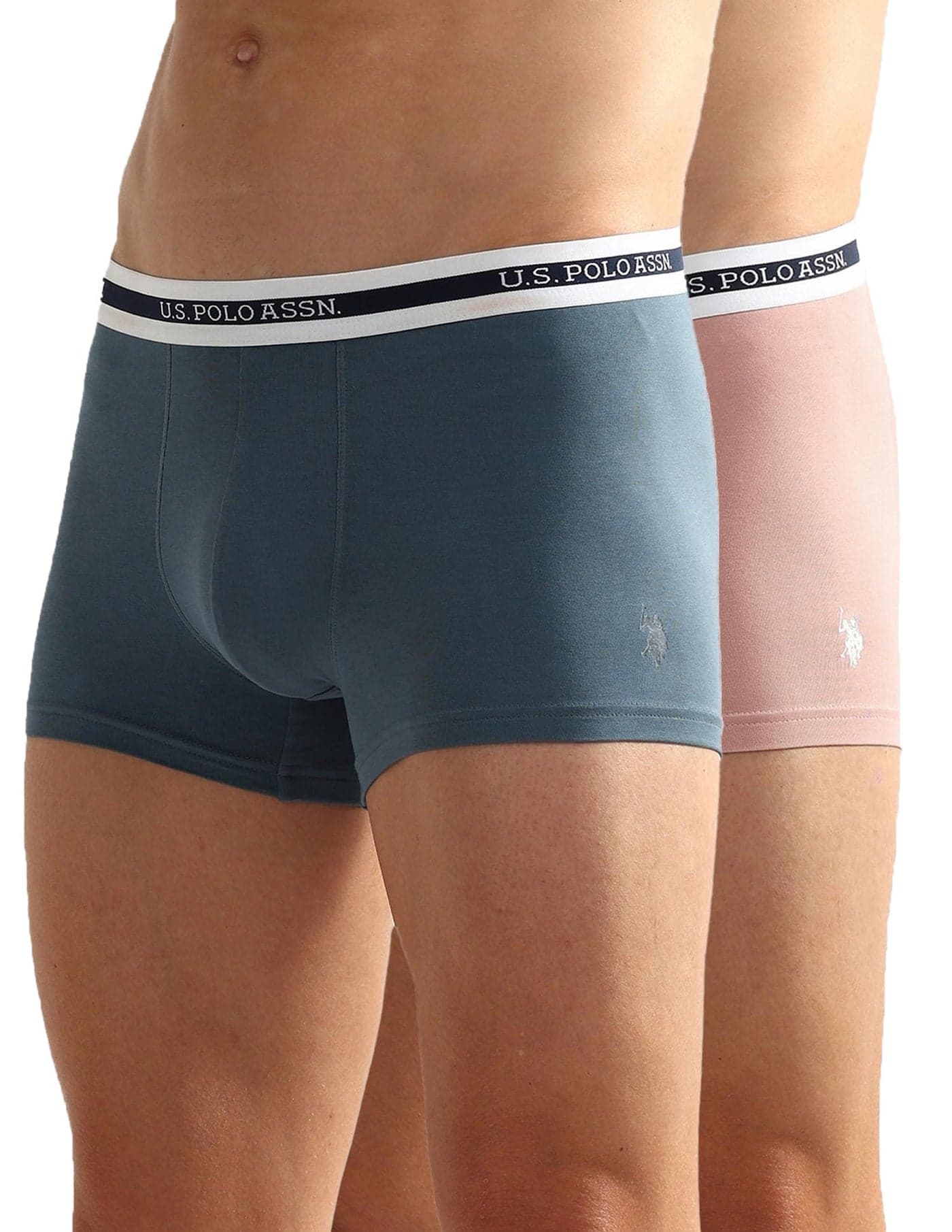 U.S. Polo ASSN. Mens Elastic Waistband Ribbed Solid OET09 Trunks - Pack of 2 Teal Grey - Pastel Peach M