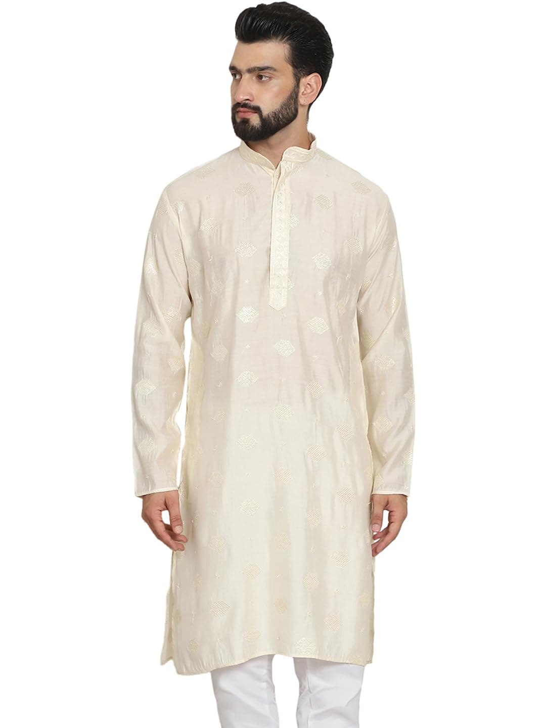 SOJANYA (Since 1958 Men's Cotton Silk Sequinned Embroidered Cream Long Kurta
