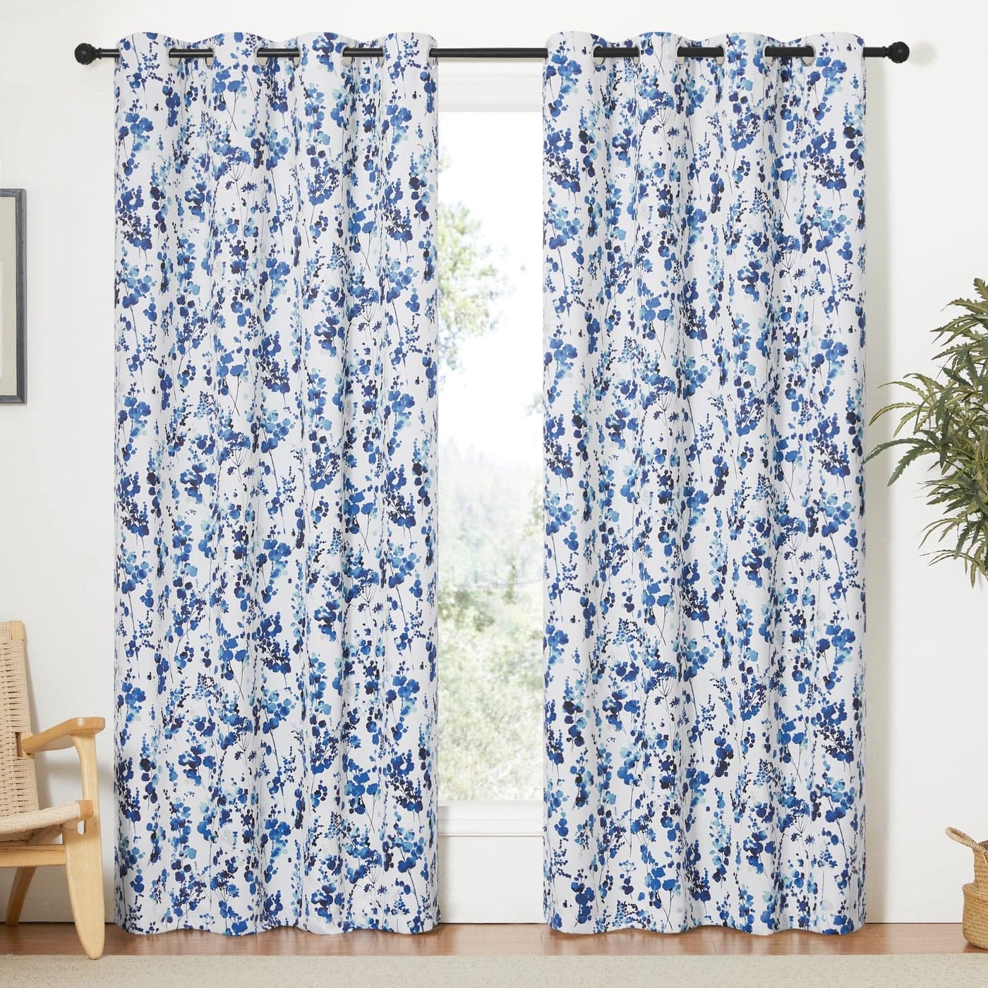 KGORGE Thermal Insulating Curtains Blackout Floral Leaf Farmhouse Print Curtains for Living Room Bedroom Home Office Kids Nursery 2 Panels 52 inches Width x 84 inches Length Blue