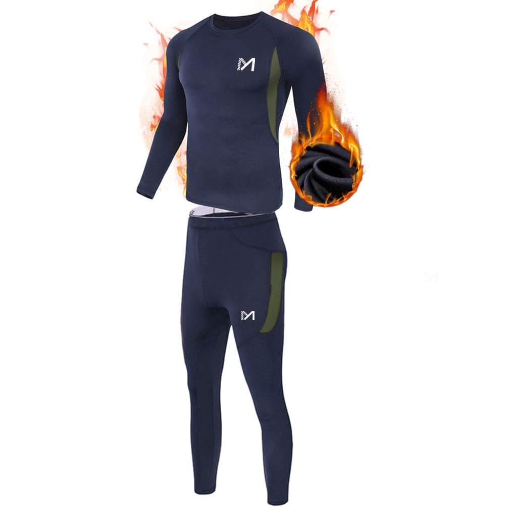 MEETYOO Thermal Underwear for Men, Winter Gear Long Johns Base Layer Top and Bottom Set for Skiing Running, Blue, Small
