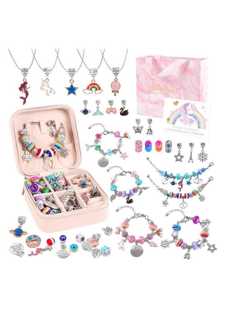 Bracelet Making Kit, 68-Piece DIY Jewelry Craft Set for Girls, Featuring Pink Beads, Adorable Charms, Unicorns, Mermaids, Hearts, and Gift Bracelet Making Kit—Ideal Birthday or Holiday Gift for Children Ages 6-12