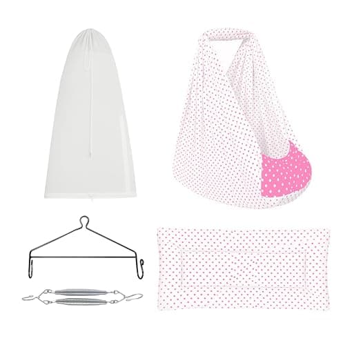 Zivara Baby Swing Cradle Set | Pure Cotton Cradle Cloth, Padded Bed, Mosquito Net, Spring, and Triangle Hanger | PRE-Light Pink Dot