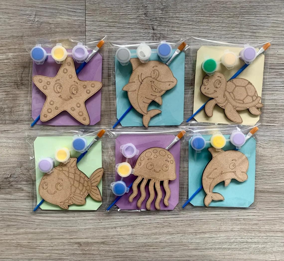 Curious Button 6 Pcs MDF Sea Creature Paint Kit | DIY Wooden Under-The-Sea Craft Set with Paint Pots & Brush | Birthday Party Favor, Kids Activity, Party Bag Filler