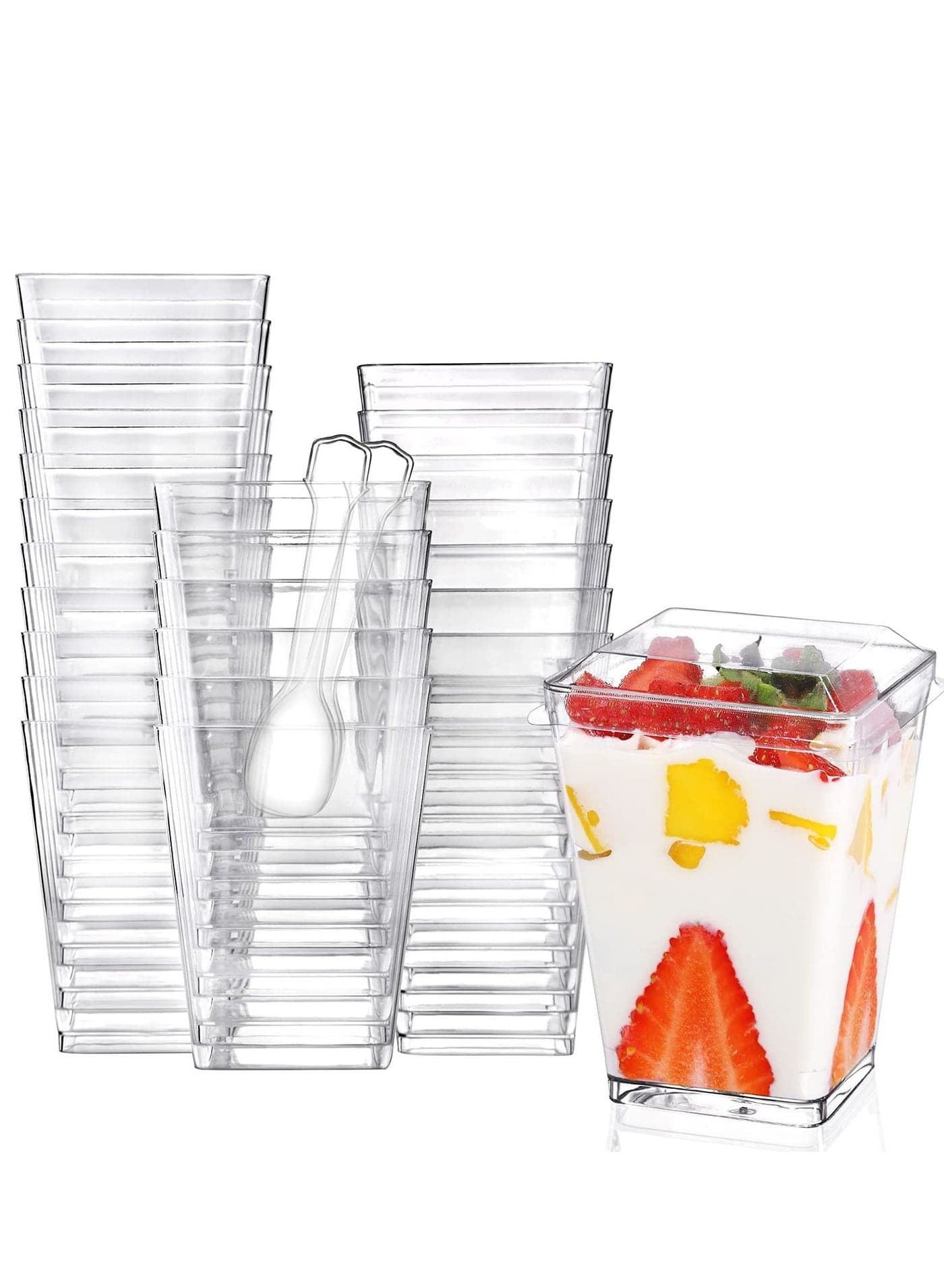 Plastic Dessert Cups with Lids and Spoons, 50 Pack Square Appetizer Small Clear Tumbler Set for Party Mini Puddings Mousse 5 Oz