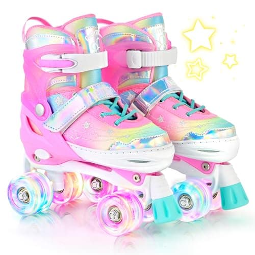 NEMONE Unicorn 4 Size Adjustable Light up Roller Skates for Girls, Pink Skates for Toddlers, Beginner Kids Roller Skates Indoor Outdoor (Unicorn M NEW)
