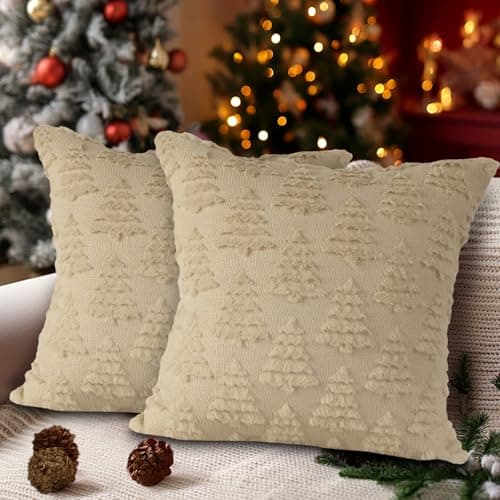 Lanpn Christmas 24x24 Throw Pillow Covers Set of 2 Winter Christmas Tree Throw Pillow Cases Soft Plush Faux Fur Wool 24 x 24 Winter Cushion Cover for Indoor Home Bedroom Couch Sofa Decor Beige