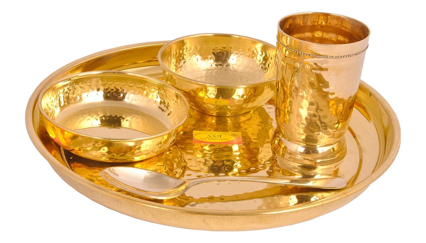 SHIV SHAKTI ARTS Pure Brass Solid Thali Set Round 5 Piece Set |Pital Dinner Set | Hammered Design L | Brass Dinnerware Set, For Gifting Diwali Special Gold