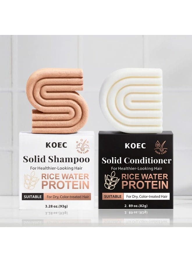 Rice Water Solid Shampoo and Conditioner Set for Hair Growth – 2 pcs | Strengthening Hair Care Duo w/ Rice Protein & Vitamins for Damage Repair – Paraben, Sulfate & Silicone Free