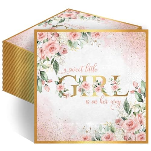 Lecheme Rose Gold Baby Girl Shower Napkins 100-Pcs A Sweet Little Girl Is on Her Way Floral Paper Napkins for Guests Baby Shower Dinner Lunch Table Decorations 6.5x6.5 Inch