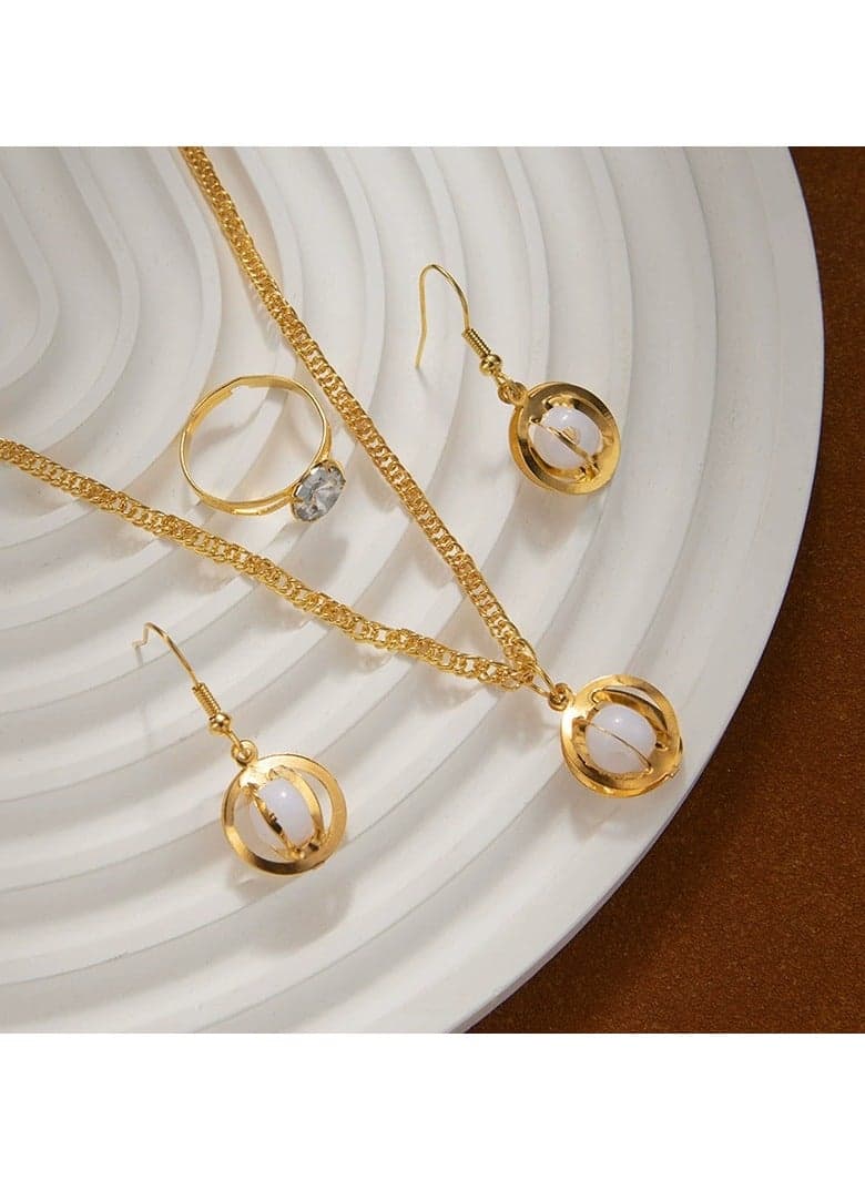 Best-Selling Hollow Circle Pearl Jewelry Set – 3-Piece Necklace, Earrings Ring for Women, Sweet Elegant Fairycore Look