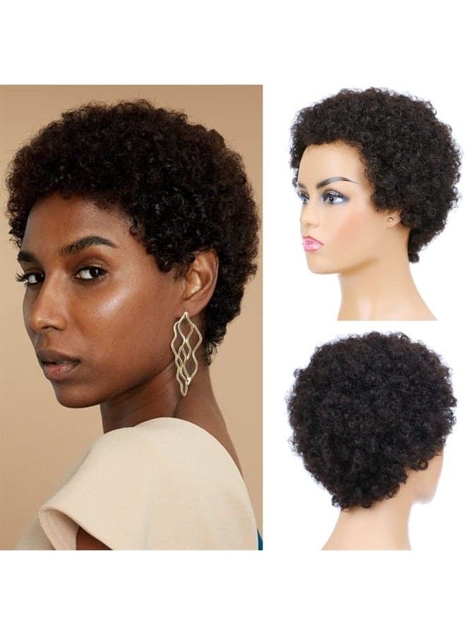 Afro Kinky Curly Human Hair Short Wigs for Women, Full and Fluffy Machine Made Wig Human Hair Pixie Cut Natural Looking Glueless Hair Replacement Wig Black Color (Afro)
