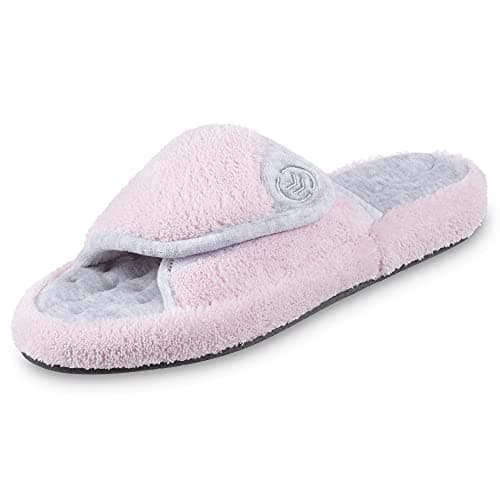 isotoner Women's Indoor/Outdoor Slip-on Adjustable Terry Spa Slide Slippers with Memory Foam Comfort, Petal Pink, 6.5-7