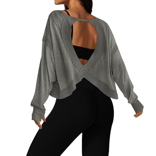 UNIANKIYA Open Back Workout Tops for Women Long Sleeve Cropped Athletic Clothes Gym Running Yoga Low Impact Sports T Shirts Grey