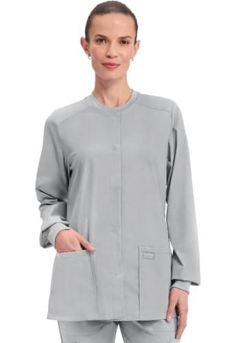 Cherokee Scrub for Women Snap Front Jacket with 3 Pockets, Fade Resistant, 2-Way Stretch, Soft & Durable Fabric - WW340, XXS, Grey