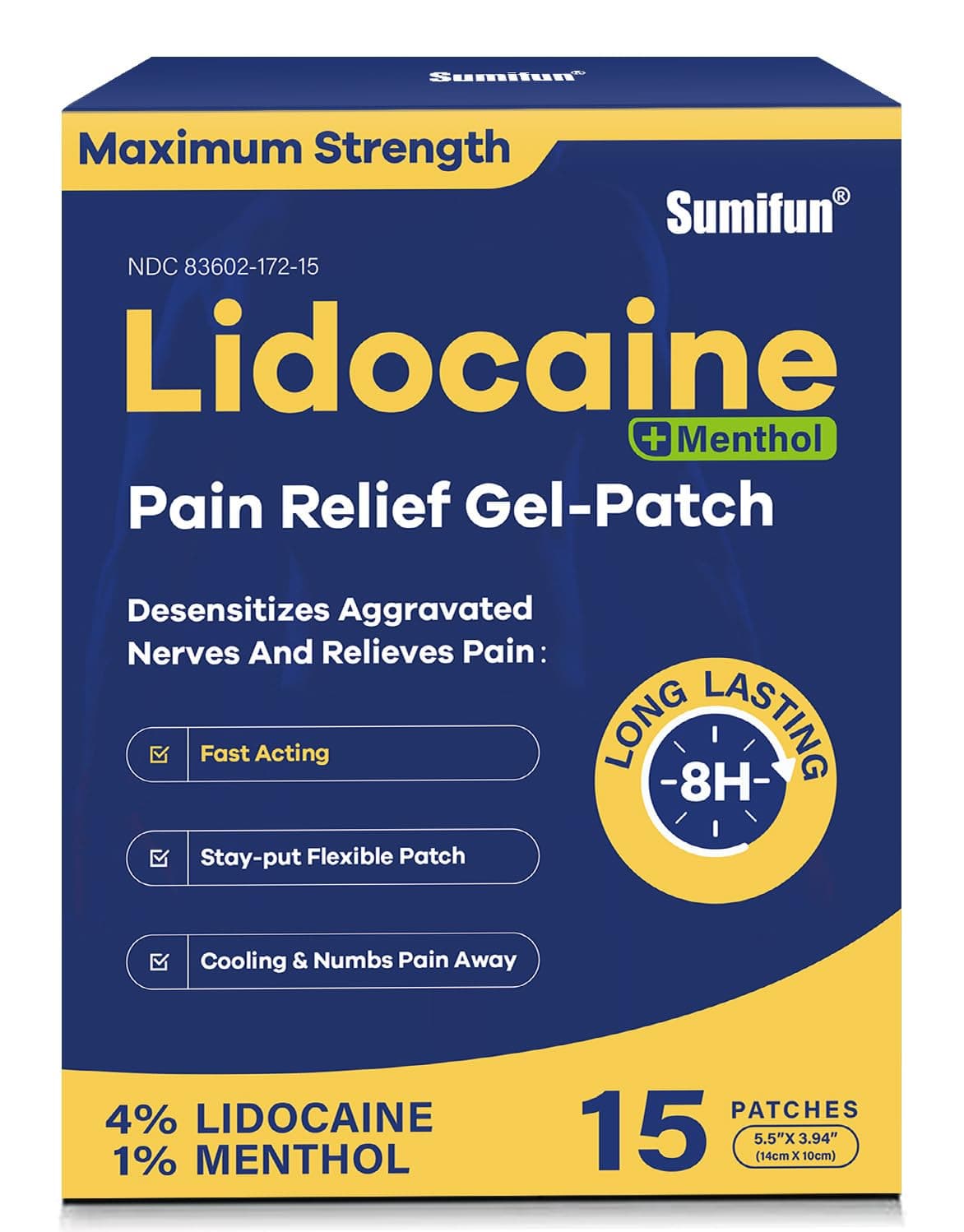 Sumifun 4 Lidocaine Patches Plus 1 Menthol 15 Counts Maximum Strength OTC Pain Relief Patches for Back Ache Stiff Neck Joint Pain Muscle Soreness Topical Analgesic FSA or HSA Eligible