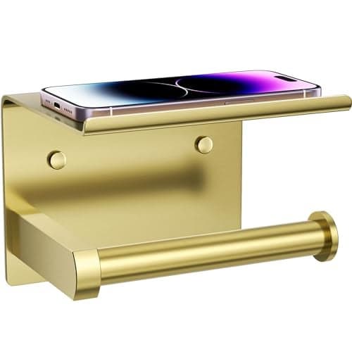 Tindbea Toilet Paper Holder with Phone Shelf, Adhesive or Screw Wall Mount Toilet Tissue Roll Holder, Rustproof & Multifunctional Stainless Steel Bathroom Storage Dispenser (Brushed Gold)