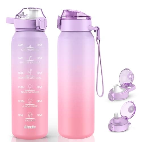 SLUXKE 24oz Insulated Water Bottle 18/10 Stainless Steel with 2Lids(Straw Lid& Spout Lids), 700ml Double Wall Vacuum Water Bottle with Handle Keep Cold and Hot for Men, Women & Kids PURPLE PINK