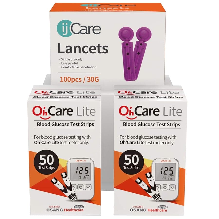 OhCare Lite Blood Sugar Testing Monitor Glucose Test Strips and Lancets for for Blood Testing Accurate and Affordable Diabetic Supplies 100 Strips