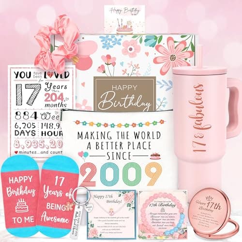17th Birthday Gifts for Girls Cool 17 Years Old Girl Gift Ideas Trending Birthday Gift for 17 Year Olds Girl Sweet Happy 17th Decorations Gifts for Teenage Girls with Tumbler Makeup Bag Comfort Socks
