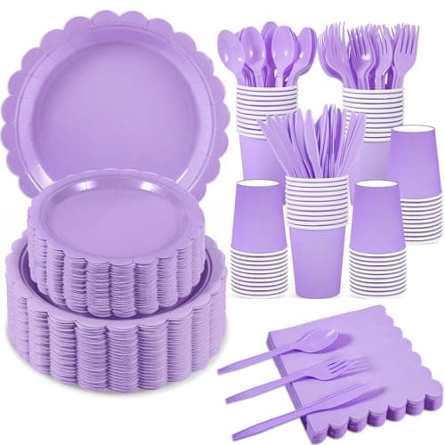 350 Pcs Lavender Paper Plates and Napkins, Light Purple Party Decorations Include Light Purple Scalloped Plate Napkins Cups Plastic Spoon Fork Knive for Girls Birthday, Baby Shower, Wedding