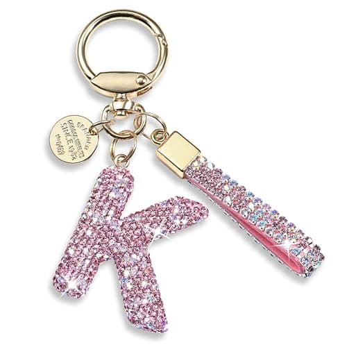Pink Blue White Initial Letter Keychain Gift for Women Girls Bling Sparkly Cute Backpack Car Key Accessories Lanyard (K-pink)